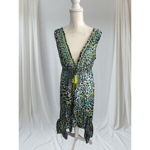 VIOLET SKY Animal Print Green Beaded Sheer Coverup Dress Size Medium